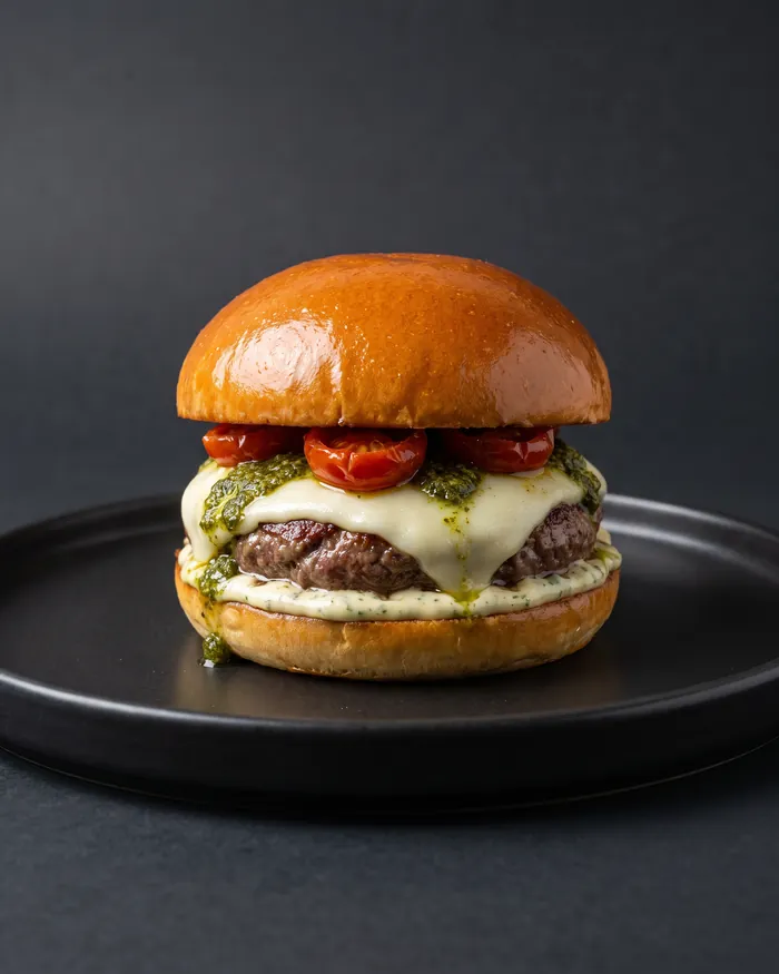 Hambúrguer Al Capone com mozzarella, pesto e tomate confitado