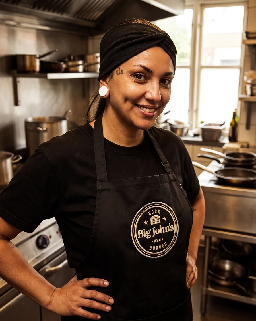 Nanda, chef do Big John's, na cozinha com avental da casa
