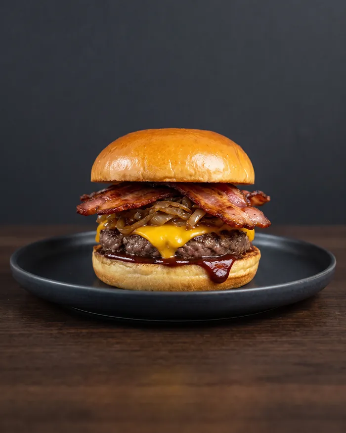Hambúrguer Hardcore com bacon, cebola caramelizada e molho barbecue