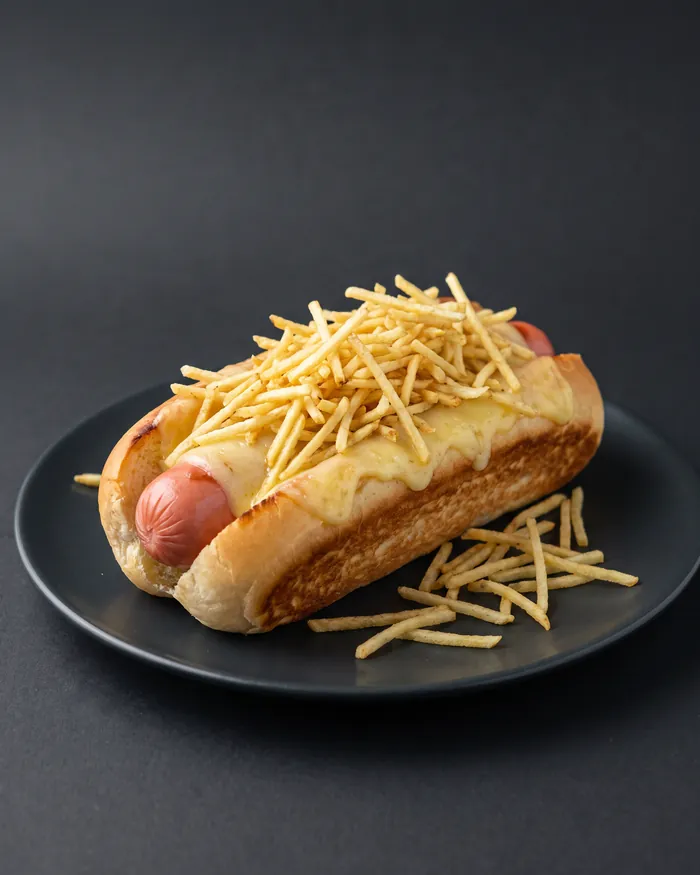Hot dog com queijo derretido e batata palha