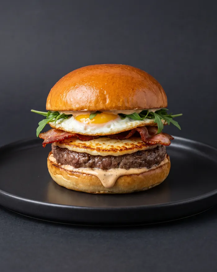 Hambúrguer Metaleiro com ovo estrelado, bacon, rúcula e crosta de mozzarella