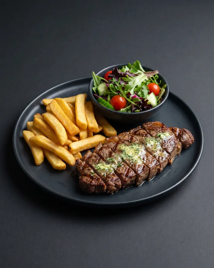 Steak América: bife do vazio grelhado com alho e manteiga e mix de saladas