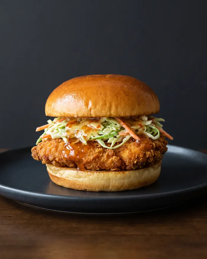 Hambúrguer Titãs com frango panado, coleslaw e molho sweet chilli