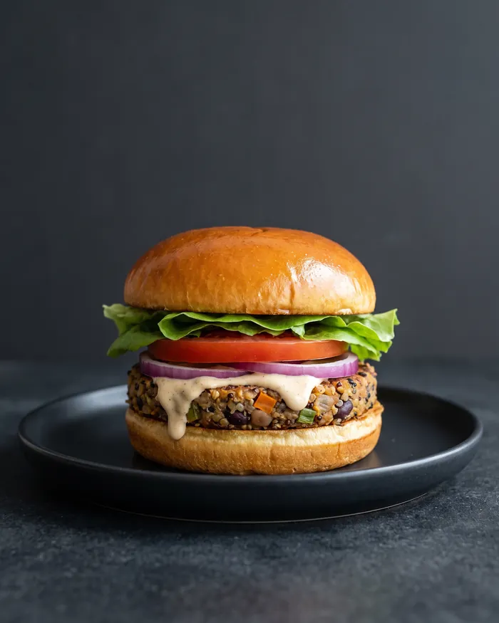 Vegetarian Burger com hambúrguer vegetariano, alface, tomate e cebola roxa