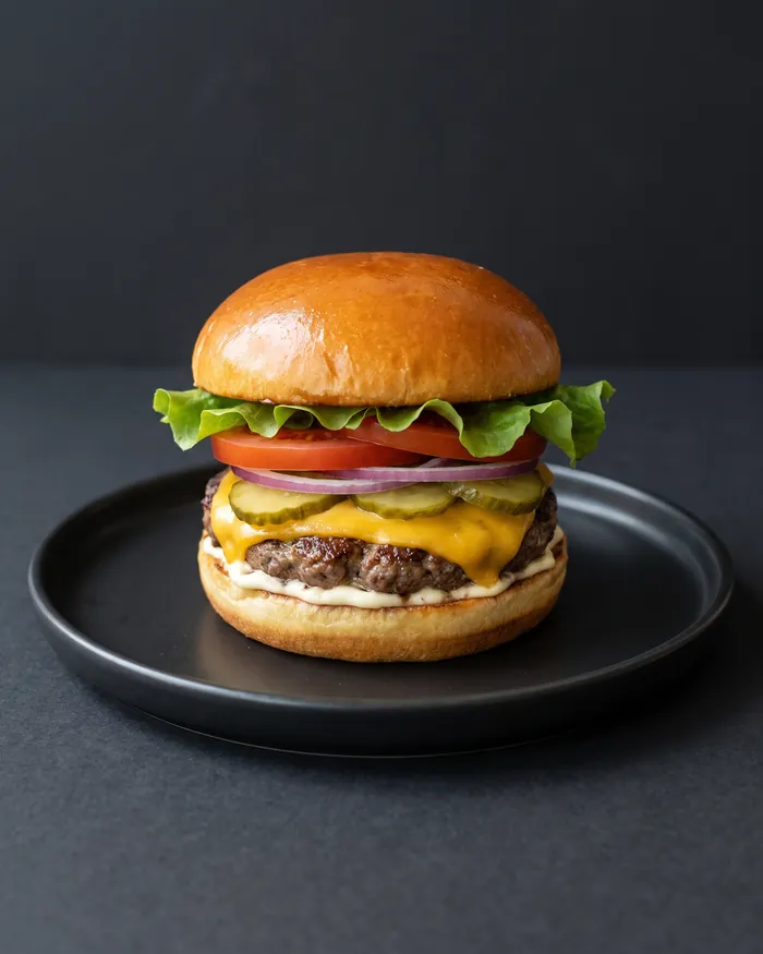 Hambúrguer Woodstock com cheddar, alface, tomate e cebola roxa